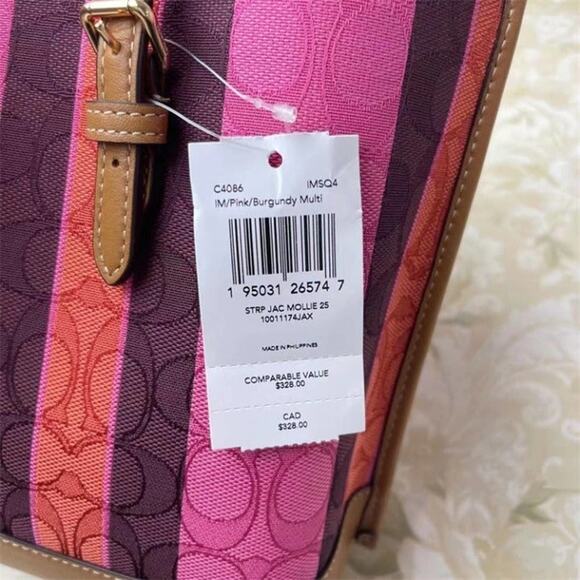 Coach Mollie 25 Tote in signature jacquard with stripes C4086 pink burgu… - Picture 5 of 6